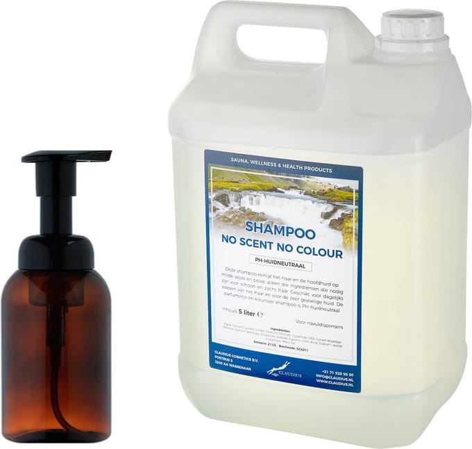 Zeepdispenser 300 ml amber bruin hervulbaar + 5 liter Shampoo No Scent No Colour navulling