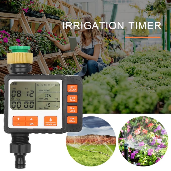 BXJ-009 Druppelirrigatiesets, digitale watertimer Waterkraan Slangtimer Irrigatiesysteem EU Thread zwart