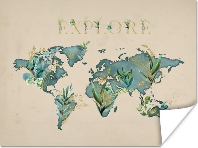 Poster - Wereldkaart - Planten - Turquoise - 40x30 cm