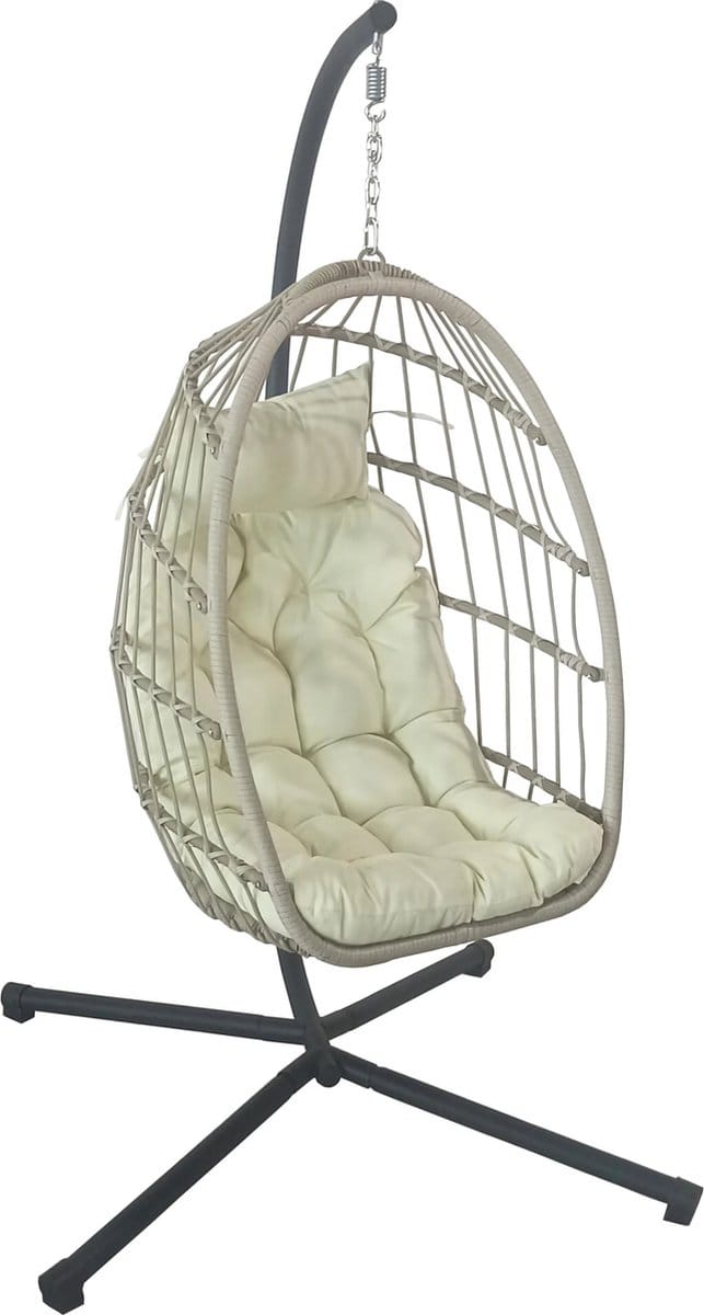 Inklapbare hangstoel - egg chair - crème zwart - beige kussens
