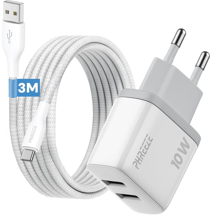 Phreeze 12w usb adapter - Usb naar usb C kabel 3 meter - 5v 2a power adapter met 2 poorten voor usb C smartphone tablet ereader controller - Oplader