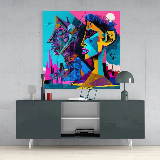 Glasschilderij Vierkant Abstract Faces – Kleurrijke Moderne Kunst - 60x60 cm