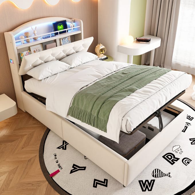 Gestoffeerd Kinderbed 90x200 - Met Opbergruimte LED En USB - Multifunctioneel Bed - Fluweel - Beige