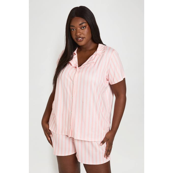 boohoo Dames Plus Gestreepte Korte Mouw En Korte Pyjama Set | Perzik | Maat: 44