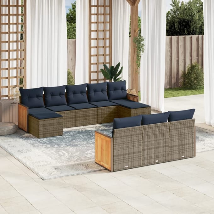 vidaXL - 10-delige - tuinbankset - met - kussens, - grijs - polyrotan