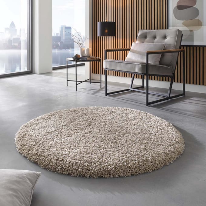 Hoogpolig vloerkleed effen - Shaggy Prime beige 200 cm rond