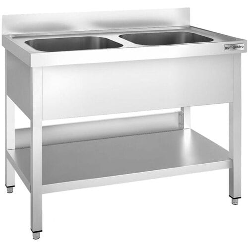 GGM Gastro RVS spoeltafel PREMIUM - 1000x600mm - met onderblad - met 2 spoelbakken midden zilver