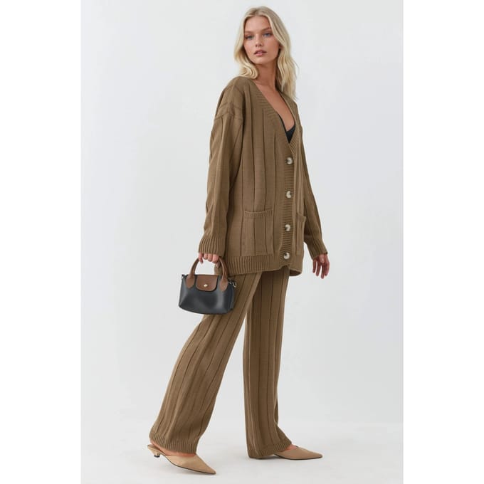 Getextureerde Brei Co-ords met V-Hals Cardigan en Wijde Pantalon