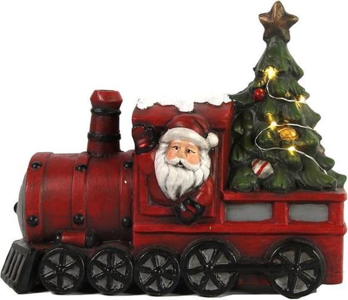 Clayre & Eef Trein met kerstman met LED 27x13cm rood polystone