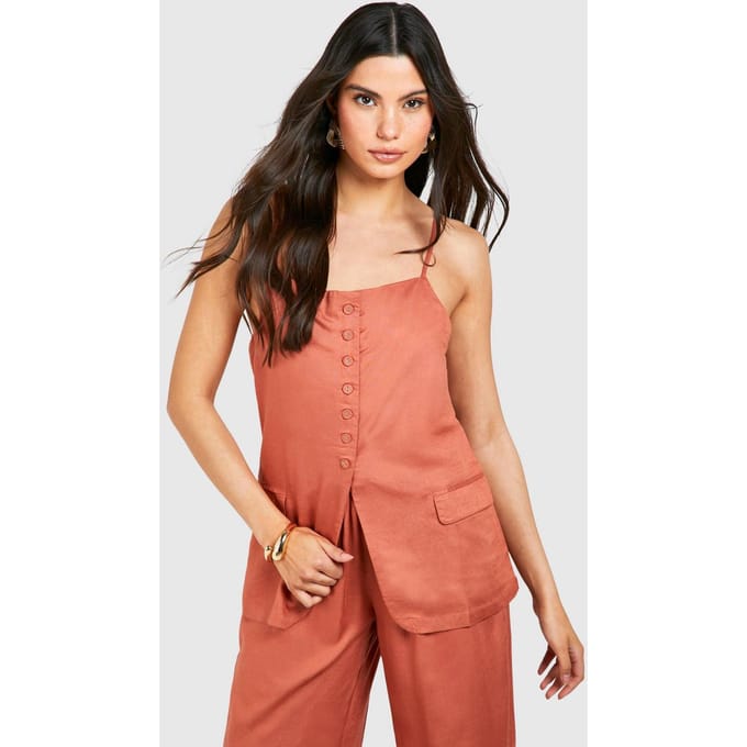 boohoo Dames Linnenlook Buttonfront Longline Vest | Terracotta | Maat: 34