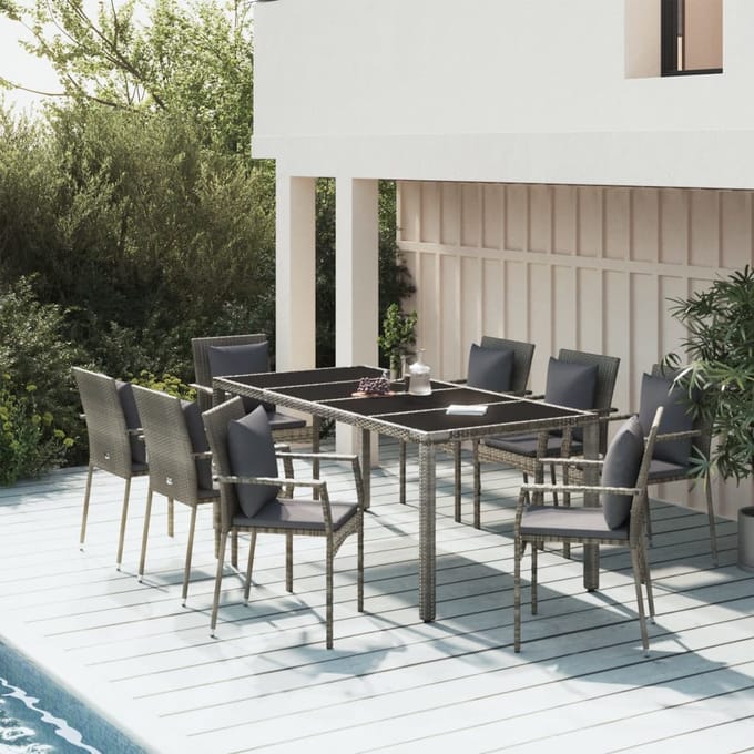 vidaXL - 9-delige - Tuinset - met - kussens - poly - rattan - grijs