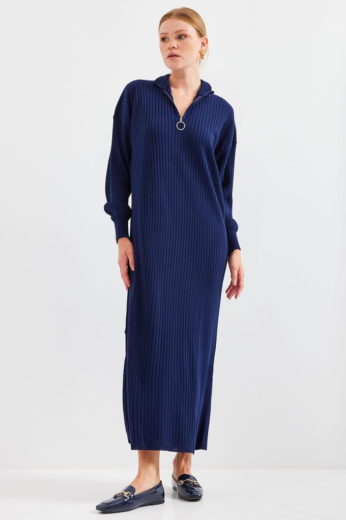 Textured Knit Dress met Halve Col en Rits