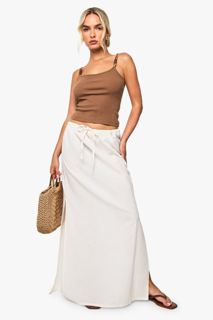 boohoo Dames Linnen maxi-rok met trekkoord | Stone | Maat: 14
