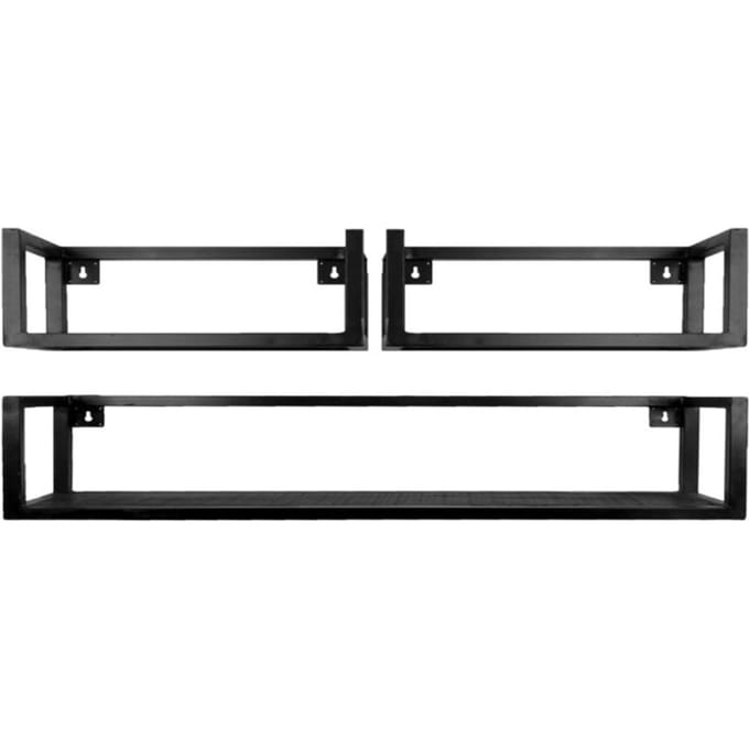 Wandplank Vintage Zwart Mangohout - Set van 3 Groot - Industriële Wandplank van Mangohout met Stalen Frame