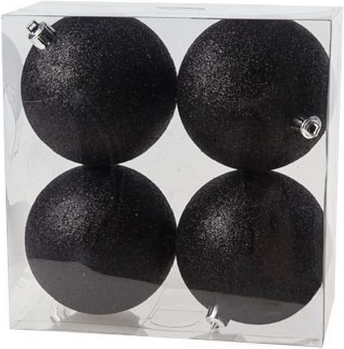 Cosy @Home Kerstballen Zwart glitter ø 10 cm - 4 Stuks