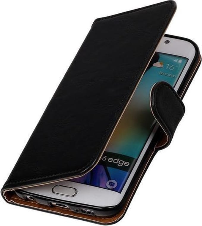 Zwart Pull-Up PU Hoesje Samsung Galaxy S6 Edge Booktype Wallet Cover