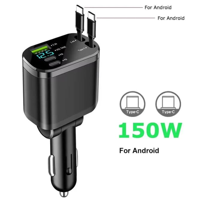 5-in-1 150W Autolader met 2 Intrekbare Kabels USB Type C Supersnellader Adapter met Spanningsweergave voor iPhone & Android black