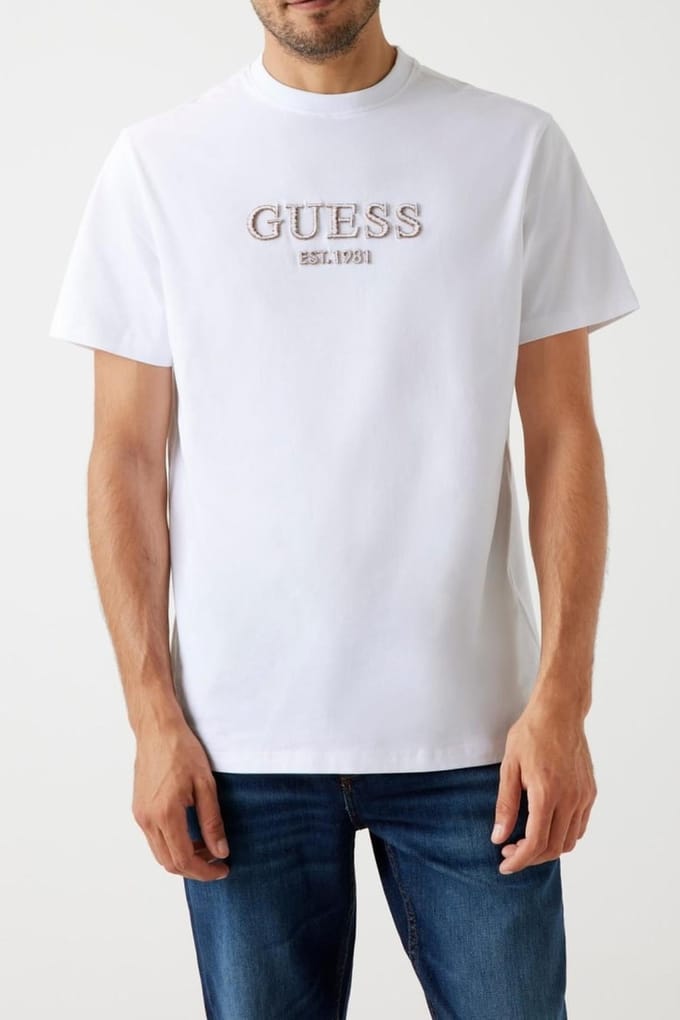 GUESS Cn Ss Embroidery Log Pure White Taglia: S | Magliette basic Outlet | Uomo | Bianco