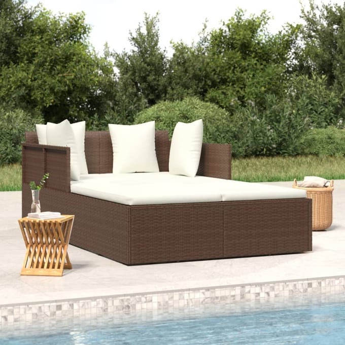 vidaXL - Ligbed - met - kussens - 182x118x63 - cm - poly - rattan - bruin