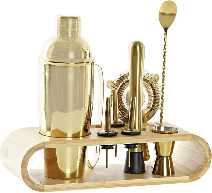 Items cocktailset 9-delig met houten houder - RVS - 750 ml - goud - luxe