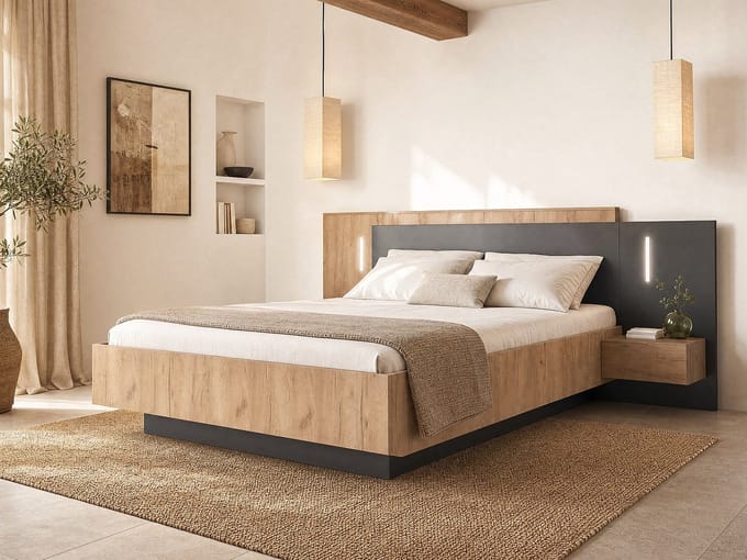Vente-unique Bedframe hout antracietgrijs, natuurlijk licht 140 x 190 cm