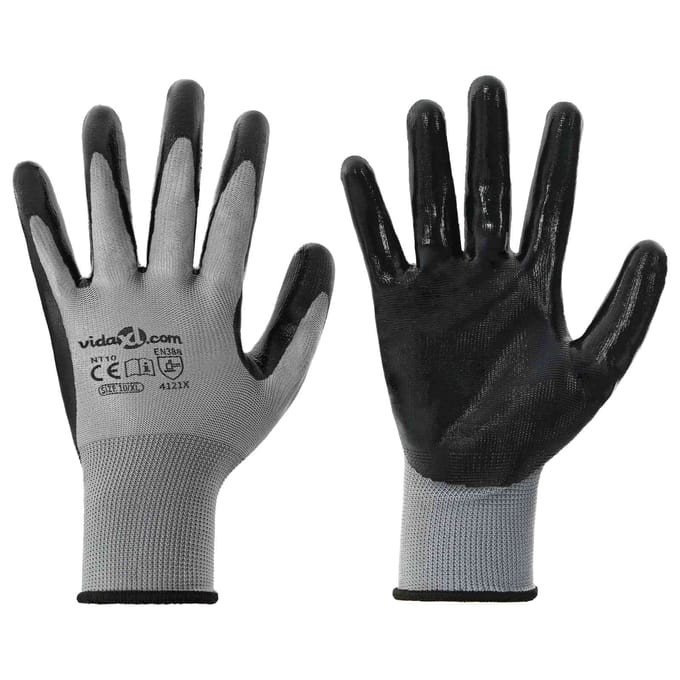 vidaXL Werkhandschoenen 12 st Grijs en zwart 10 / xl Polyester