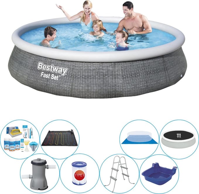 Fast Set Rattan Rond 396x84 cm - Deluxe Zwembad Set