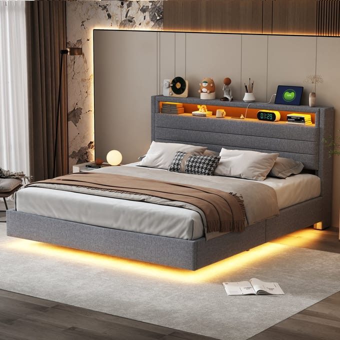Wishdor – Gestoffeerd bed 160x200 cm – Hydraulisch – USB & LED – Draaibaar hoofdbord – Linnen grijs
