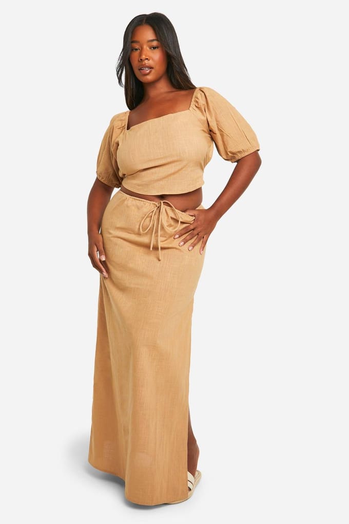 boohoo Dames Plus Tie Back Detail Melkmeidentop | Steen | Maat: 56