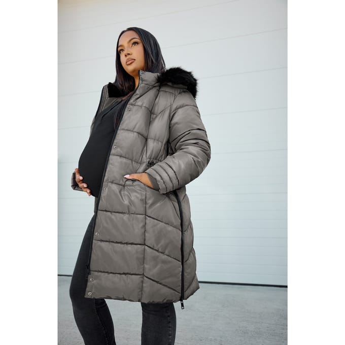 Bump It Up Maternity Gewatteerde Jas Met Capuchon En Rits Aan De Zijkant In Grijs Size 58-60