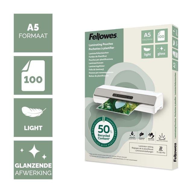 Fellowes® lamineerfolies, formaat A5, foliedikte 80 µ, gerecycled PET, transparant en glanzend, 100 stuks