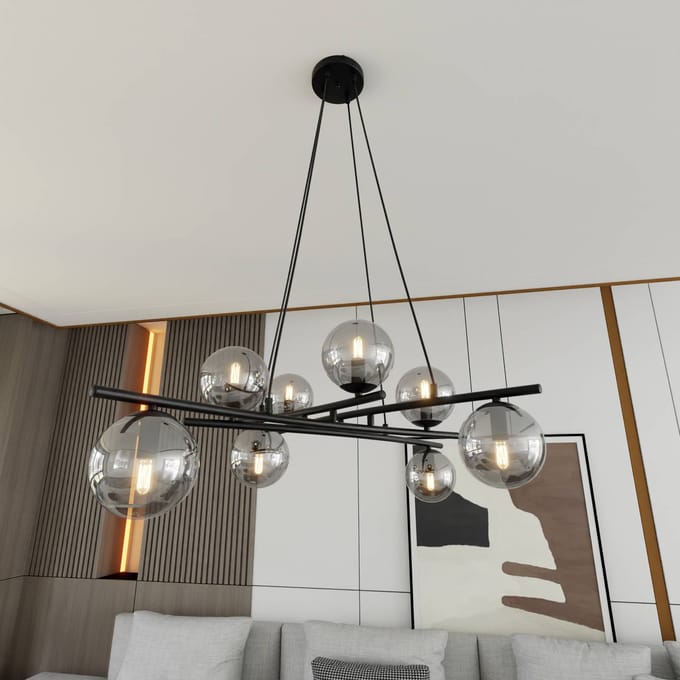 EMIBIG LIGHTING Hanglamp Glassy, grafietkleurig glas, 100 cm, 8-lamps, gekruist