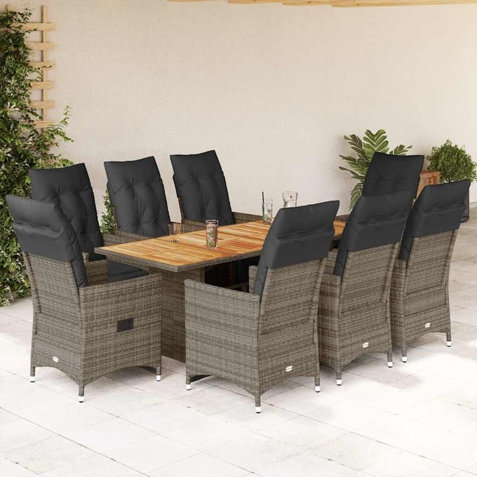 vidaXL - 9-delige - Bistroset - met - kussens - poly - rattan - grijs