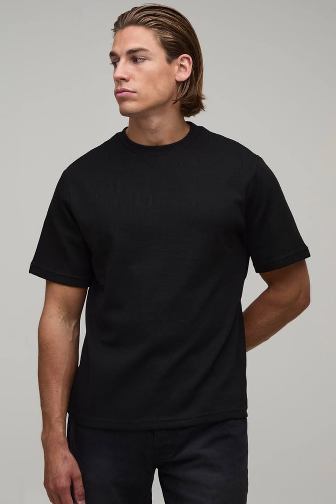 Essentieel Regular Fit Wafel T-shirt | Black | Size Medium