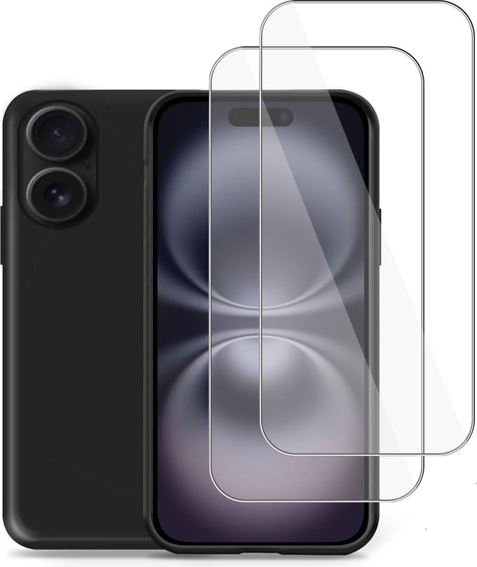 Hoesje + 2x Screenprotector geschikt voor Apple iPhone 16 Plus – Tempered Glass - Liquid Back Case Cover Zwart