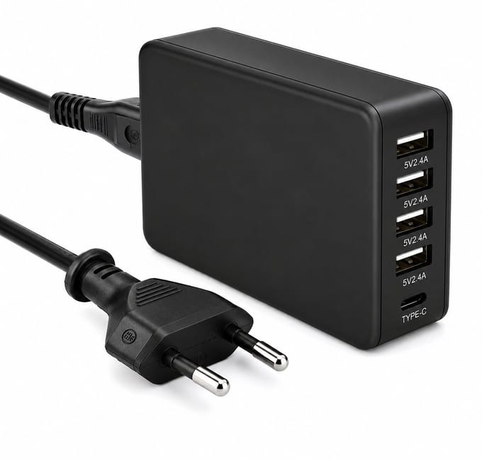 USB lader - 100/ 240 Volt - 4 USB A poorten - 1 USB C poort - 39 Watt - Zwart - Allteq