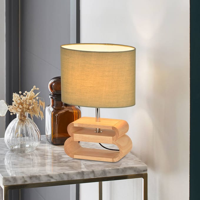 COREP Tafellamp Oslo, licht/licht hout, hoogte 30 cm, katoen/hout