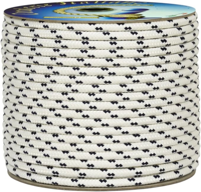 Nautische polyester kabel 5 mm - 50 m - wit met blauwe markering