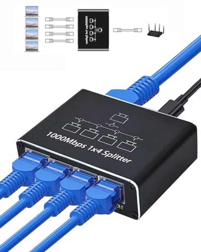 4-poorts Ethernet Splitter 1 naar 4 1000 Mbps - Snelle LAN Switch met Type-C voedingskabel