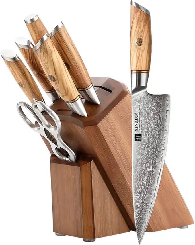 Xinzuo B37 Damascus series - 8-delige messenset met messenblok