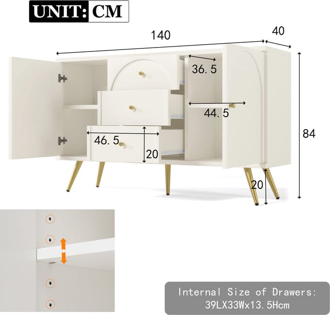 MODFU Dressoir H84/B140/T40 cm van spaanplaat en metaal, crème-wit, gebogen front, 2 deuren en 3 lades