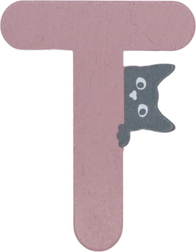 Houten Letter T Roze met Kat | 9 cm