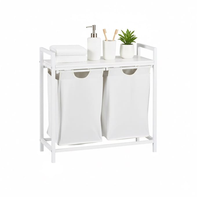 Wasmand met 2 vakken - 92 liter - plank - wit-grijs