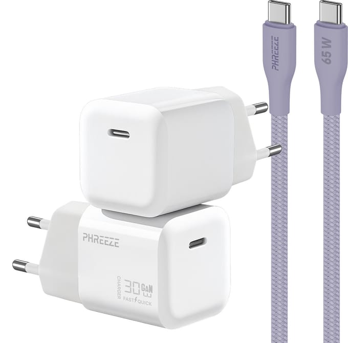 Power Delivery oplader met 30w usb C poort met usb C kabel 1m paars