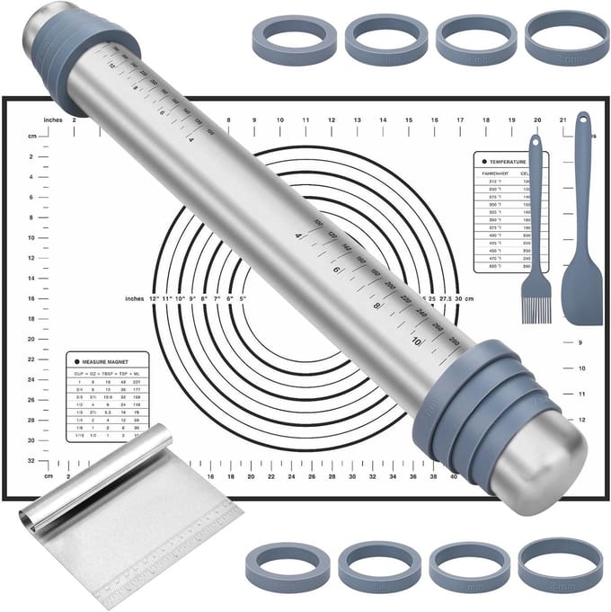 deegroller,verstelbaar deegroller,Rolling Pin met 8 Afneembare Siliconen Ring,met maatmarkering siliconen bakmat,olieborstel en schraper,deegschraper,voor pizza,cake