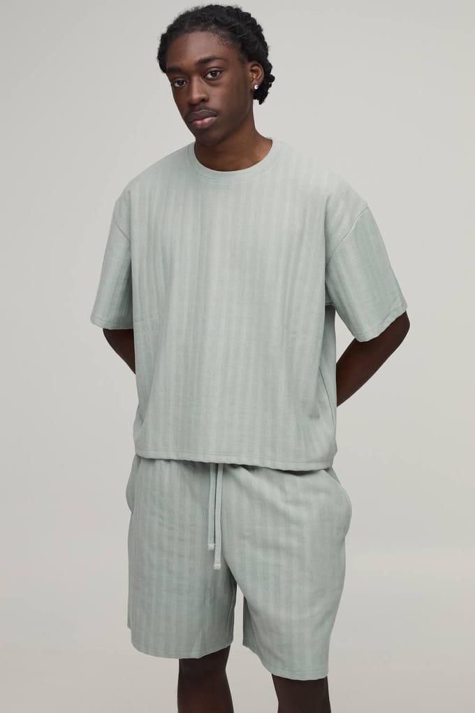 Oversized Shrunken Jacquard Gestreept T-shirt & Baggy Shorts Set | Light Grey | Size Medium