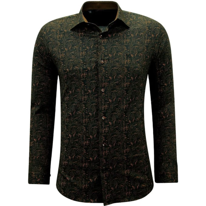 Heren Overhemden Lange Mouw - Blouse Heren Slim Fit - Print Overhemd - 3145 - Bruin