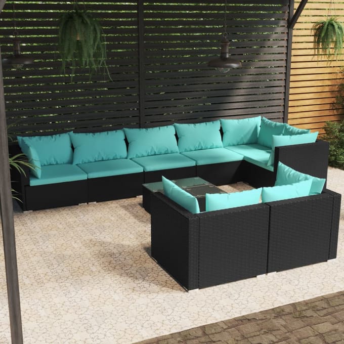 vidaXL - 9-delige - Loungeset - met - kussens - poly - rattan - zwart