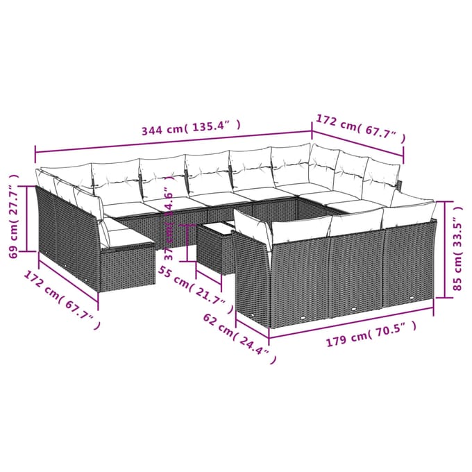 vidaXL - 14-delige - Loungeset - met - kussens - poly - rattan - grijs
