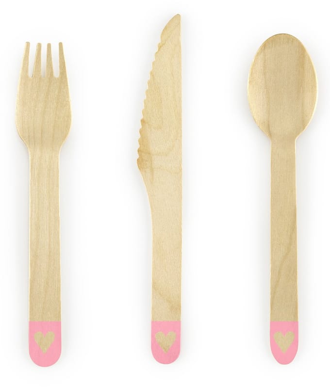 PARTYDECO - 18 roze houten bestekken met hart, 16 cm, wegwerp